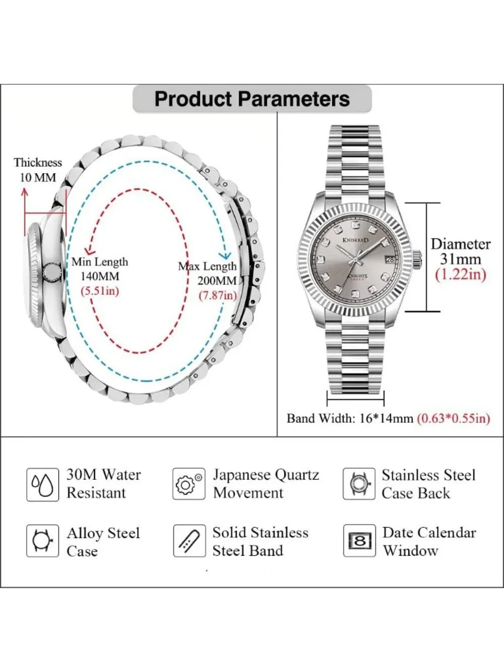 Women's Silver Grey Crystal Accented Dial Solid Stainless Steel Band Wrist Watch